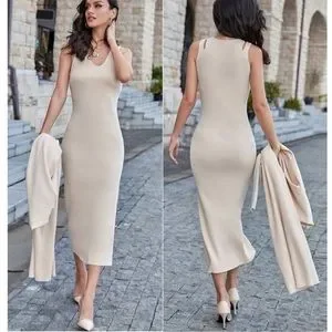 Dresses New Cream White Piece Set Knit Midi Pencil Dress Long
